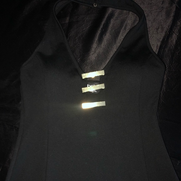 Black Bebe halter top with Golden Trim Metal Bars - Picture 1 of 9